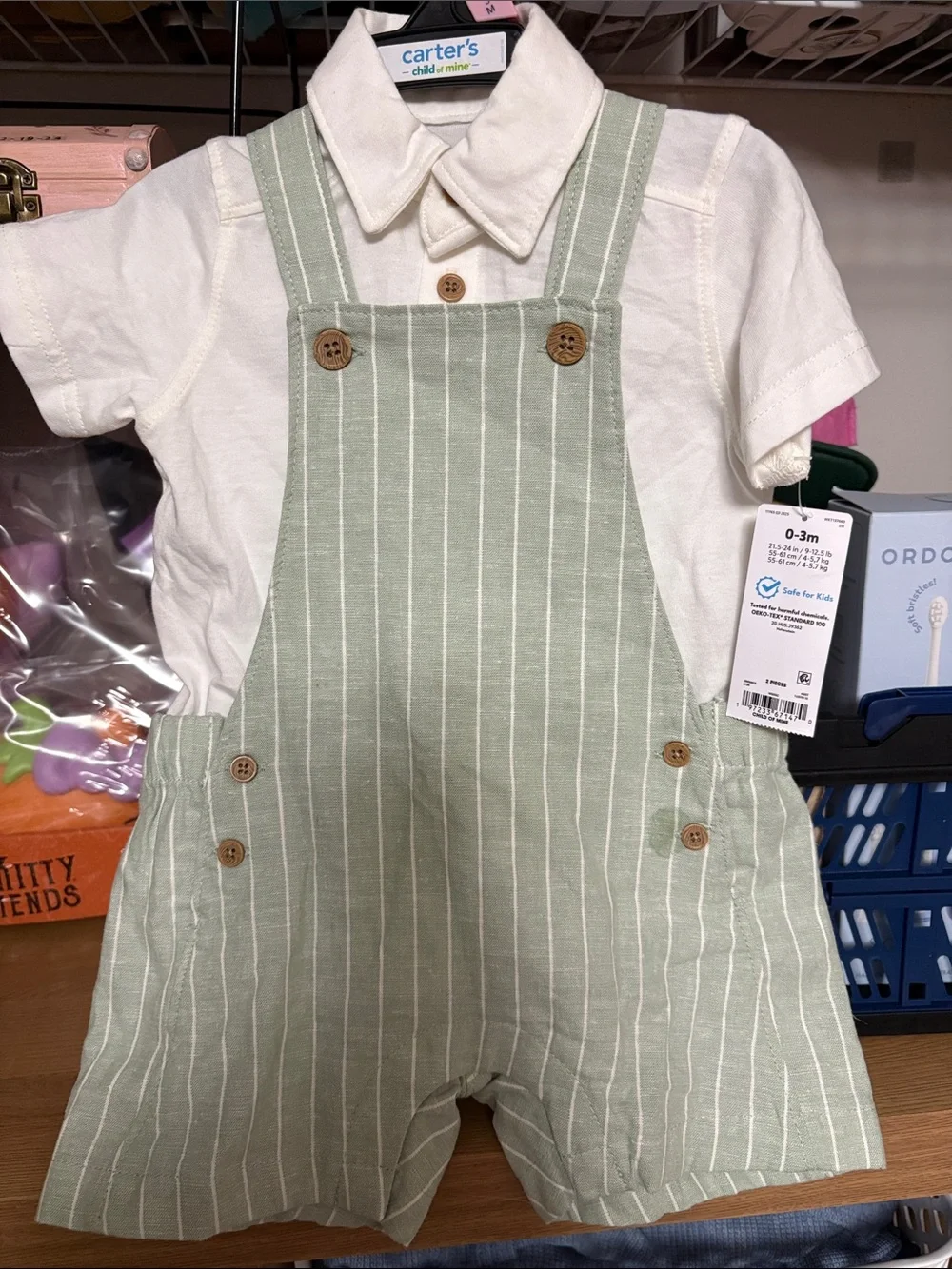 Carter's Cream Polo Shirt with Sage Green Striped Overalls